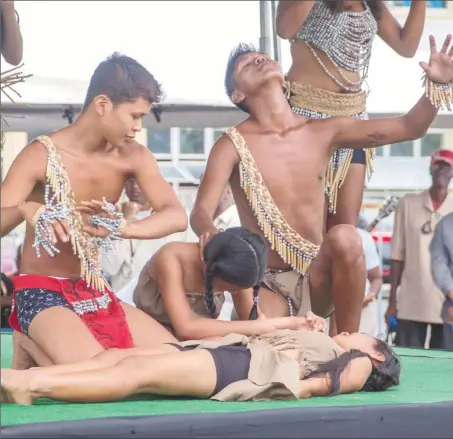  ??  ?? Residents of St. Cuthbert’s Mission performing a cultural item at Thursday’s launch of the Ministry of Social Cohesion’s Harmony Village, which sought to highlight the country’s culture and diversity. (Ministry of the Presidency photo)