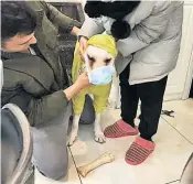  ??  ?? A pet dog is fitted with a mask before its daily walk in Wuhan