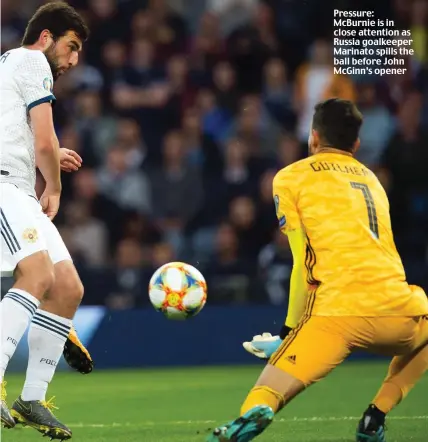  ??  ?? Pressure: McBurnie is in close attention as Russia goalkeeper Marinato spills the ball before John McGinn’s opener