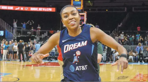  ?? Icon Sportswire via Getty Images ?? Atlanta’s Renee Montgomery walks off the court after winning the game following the conclusion of the WNBA game between the Minnesota Lynx and the Atlanta Dream on July 12, 2019 at State Farm Arena in Atlanta. Montgomery wrote an open letter objecting to U.S. Sen. Kelly Loeffler’s opposition to Black Lives Matter.