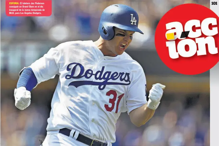  ??  ?? EUFORIA. El toletero Joc Pederson consiguió un Grand Slam en el día inaugural de la nueva temporada de MLB, para Los Ángeles Dodgers.