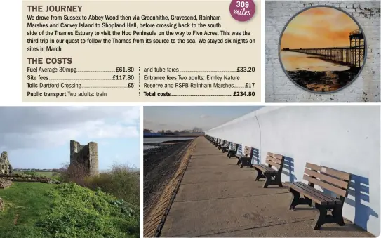  ??  ?? BELOW CLOCKWISE Mural of Southend Pier, Leigh-on-Sea; Sea defences, Canvey Island; Part of Hadleigh Castle