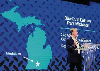  ?? Carlos Osorio/Associated Press ?? Ford executive chairman Bill Ford announces the BlueOval Battery Park on Monday in Romulus, Mich. The automaker will receive a large state tax incentive package for the project.