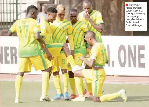  ??  ?? Players of Plateau United celebrate one of their goals during the recently cancelled Nigeria Profession­al Football League