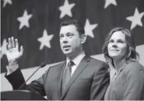  ??  ?? U.S. Rep. Jason Chaffetz speaks while his wife, Julie, looks on Saturday afternoon during the Utah GOP Convention in Sandy, Utah. Rick Bowmer, The Associated Press