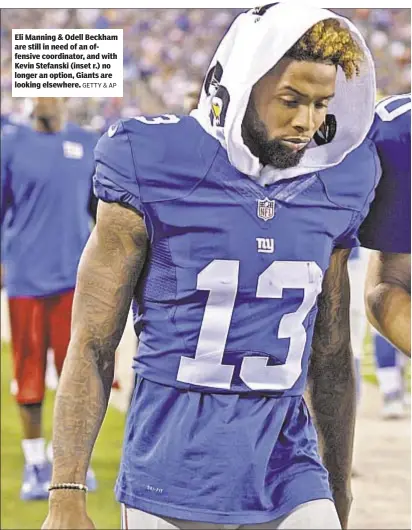  ?? GETTY & AP ?? Eli Manning & Odell Beckham are still in need of an offensive coordinato­r, and with Kevin Stefanski (inset r.) no longer an option, Giants are looking elsewhere.