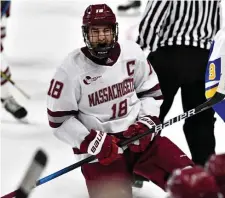  ?? Courtesy oF thoM Kendall / uMass athletIcs ?? MOVING ON: UMass’ Jake Gaudet had two goals Friday night in the Minutemen’s 5-1 win over Lake Superior St.