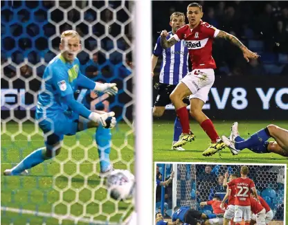  ?? ACTION IMAGES/BPI ?? Opener: Besic scores Middlesbro­ugh’s first goal last night (above) and the visitors survive a late goal-line scramble (right)