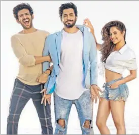  ?? (From left) Kartik Aaryan, Sunny Singh and Nushrat Bharucha PHOTO: HTCS ??