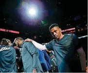  ?? [PHOTO BY NATE BILLINGS, THE OKLAHOMAN] ?? Russell Westbrook, shown here with a team huddle, is putting himself in contention for league MVP honors. The Oklahoma City Thunder star has been the catalyst behind the team’s current surge.