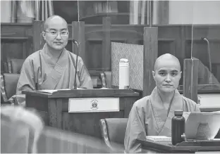  ?? STU NEATBY/THE GUARDIAN ?? Venerable Sabrina Chiang and Venerable Yvonne Tsai are shown before a standing committee Thursday about the community's struggles following a denial of a permit for a residence in Three Rivers.