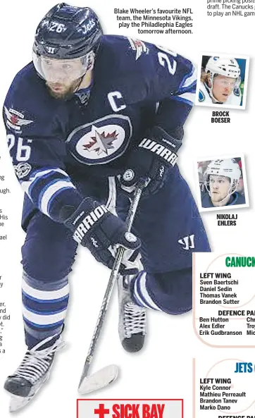  ??  ?? Blake Wheeler’s favourite NFL team, the Minnesota Vikings, play the Philadleph­ia Eagles tomorrow afternoon.