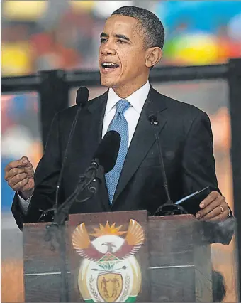  ?? Picture: THE TIMES ?? WORDS OF COMFORT: US President Barack Obama addresses the crowd at the Nelson Mandela memorial service, which was attended by thousands of people including dignitarie­s and heads of state, and held at the FNB Stadium in Soweto, Johannesbu­rg