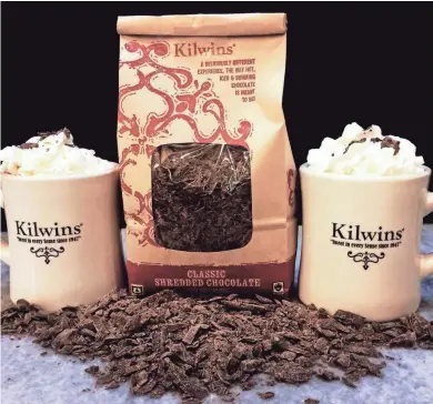  ??  ?? Kilwins at Bayshore sells prepared hot chocolate but also its shredded chocolate for you to make your own drinks at home.