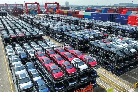  ?? AFP ?? BYD electric cars at Suzhou Port. The US is likely to raise the levy on China’s electric vehicles from 25 per cent to 100 per cent