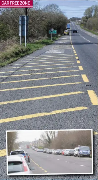  ??  ?? No Cars……..The scene on the Castleblan­ey road where there are normally cars parked by workers on their way to Dublin. Inset, the usual scene on a normal working day.