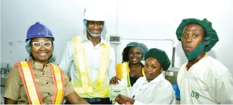  ?? ?? Managing Director, First City Monument Bank ( FCMB), Mrs. Yemisi Edun( left); Group Chief Executive, FCMB Group Plc, Mr. Ladi Balogun; Founder/ CEO, Psaltry Internatio­nal Limited, Mrs Oluyemisi Iranloye; Laboratory Officer of the Company, Sandra Afolayan and Head of Laboratory, Sanmi Ogundipe, during a courtesy visit and factory tour by the Management of FCMB to Psaltry Limited at Alayide Village, Ado- Awaiye in Oyo State.