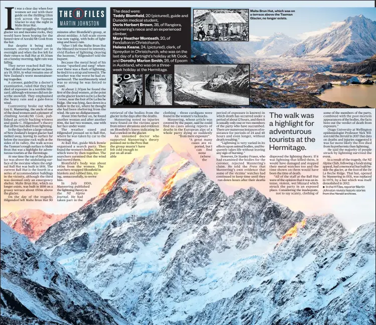  ??  ?? Malte Brun Hut, which was on a terrace above the Tasman Glacier, no longer exists.
The dead were: Teddy Blomfield, 20 (pictured), guide and Dunedin medical student, Doris Herbert Brown, 38, of Rangiora, Mannering’s niece and an experience­d...