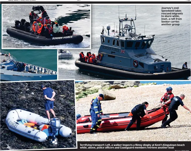  ?? Pictures: STEVE FINN ?? Journey’s end: Speedwell takes rescued migrants to shore while, inset, a raft from Seeker carries another group
Terrifying transport: Left, a walker inspects a flimsy dinghy at Kent’s Kingsdown beach while, above, police officers and Coastguard members retrieve another boat