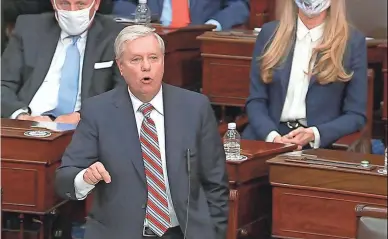  ?? AP ?? In this image from video, Sen. Lindsey Graham, R-S.C., speaks as the Senate reconvenes to debate the objection to the Electoral College vote from Arizona, after protesters stormed the U.S. Capitol on Wednesday.