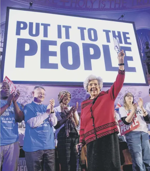  ??  ?? 0 Former Speaker Baroness Boothroyd speaks at a rally calling for another referendum on Brexit at Westminste­r yesterday