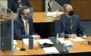  ?? COURT TV/POOL VIA POOL ?? In this image taken from video, defense attorney Eric Nelson, left, and defendant, former Minneapoli­s police officer Derek Chauvin, right, listen to Hennepin County Judge Peter Cahill during pretrial motions, prior to continuing jury selection in the trial of Chauvin, Thursday, March 11, 2021, at the Hennepin County Courthouse in Minneapoli­s, Minn. Chauvin is accused in the May 25, 2020, death of George Floyd.