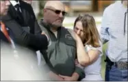  ?? ERIC GAY — THE ASSOCIATED PRESS ?? Pastor Frank Pomeroy and his wife Sherri join a news conference near the First Baptist Church of Sutherland Springs, Monday in Sutherland Springs, Texas. A man opened fire inside the church in the small South Texas community on Sunday, killing and...
