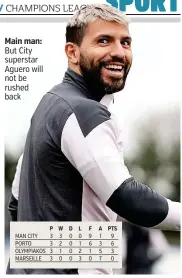  ??  ?? Main man: But City superstar Aguero will not be rushed back