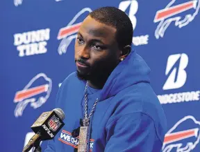  ?? RICH BARNES/AP FILE ?? Buffalo Bills running back LeSean McCoy speaks with the media following an NFL game in December. This week, McCoy says an allegation posted on social media accusing him of bloodying his former girlfriend’s face is baseless and false.