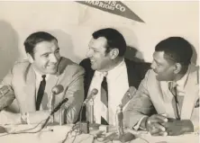  ?? The Chronicle 1968 ?? S.F. Warriors President Franklin Mieuli (center) introduces head coach George Lee (left) and assistant coach Al Attles.