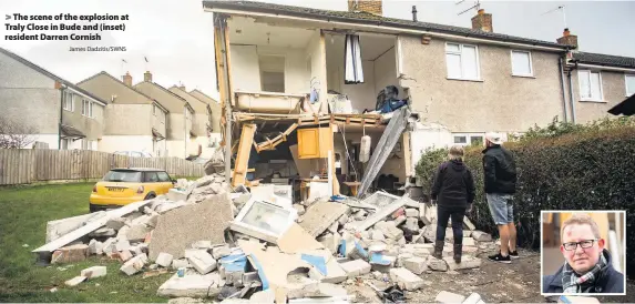  ?? James Dadzitis/SWNS ?? > The scene of the explosion at Traly Close in Bude and (inset) resident Darren Cornish