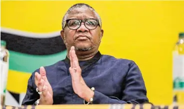  ?? /Gallo Images/OJ Koloti ?? Cutting its losses: ANC secretary-general Fikile Mbalula at a media briefing in Boksburg on Monday after the party’s national executive committee meeting decided to suspend former president Jacob Zuma.