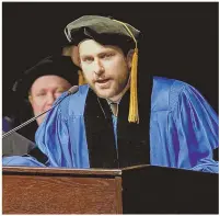  ?? COURTESY MERRIMACK COLLEGE ?? ‘It’s Always Sunny In Philadelph­ia’ cutup Charlie Day speaks at Merrimack College’s 2014 commenceme­nt. Day will chair a new fundraisin­g drive at his alma mater.