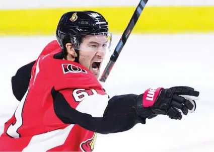  ?? SEAN KILPATRICK/THE CANADIAN PRESS FILES ?? Senators right wing Mark Stone celebrates a teammate’s goal in October. The departures of star Senators players, including Stone this week, has one letter writer asking why fans should renew their half-season’s tickets.