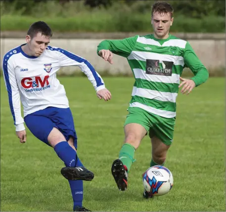  ??  ?? Bradley Fowley and Darren Sommers in action during the clash of Merville and MCR in Sean Fallon Park on Sunday. Pic: Donal Hackett.