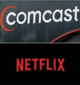  ?? FILE — THE ASSOCIATED PRESS ?? FILE- This combo of file photos shows a Netflix logo on an iPhone in Philadelph­ia on bottom, and a Comcast sign in Hialeah, Fla. Comcast is trying to refigure the traditiona­l cable bundle, adding services like Netflix to its subscripti­on packages and...