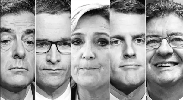  ??  ?? A combinatio­n picture shows five candidates for the French 2017 presidenti­al election, (from left), Francois Fillon, the Republican­s political party candidate, Benoit Hamon, French Socialist party candidate, Marine Le Pen, French National Front (FN)...