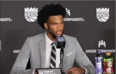  ?? MIKE BUSH/NEWS-SENTINEL ?? Marvin Bagley III speaks to the media at the Golden 1 Center on shortly after the Sacramento Kings drafted him as the No. 2 overall pick of the NBA Draft.