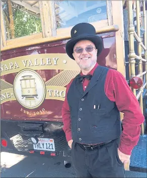  ?? PHOTOS: ALLEN PIERLEONI ?? Napa Valley Wine Trolley driver and tour guide Epaul Fischer welcomes guests aboard for a sixhour winery tour that includes beautiful scenery, tasty flights and informatio­nal narrative.