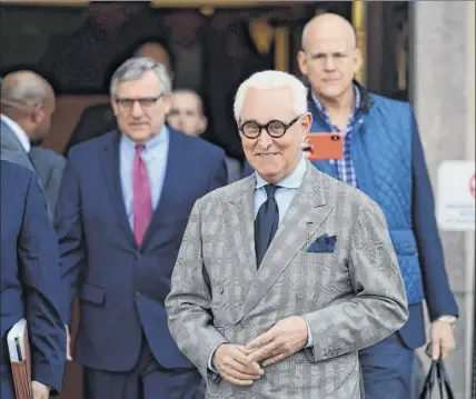  ?? Andrew Caballero-reynolds / AFP via Getty Images ?? Former advisor to President Donald Trump, Roger Stone, leaves a court hearing in Washington in 2019. Trump commuted the 40-month prison sentence of Stone on July 10. A spokeswoma­n for Elise Stefanik said Thursday the congresswo­man did not intervene in the case.