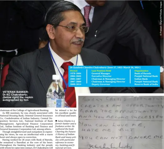  ??  ?? Dr Kamlesh Chandra Chakrabart­y (June 27, 1952–March 26, 2021) Period Last Position Held Organisati­on 1978-2004 General Manager Bank of Baroda 2004-2005 Executive Director Punjab National Bank 2005-2007 Chairman & Managing Director Indian Bank 2007-2009 Chairman & Managing Director Punjab National Bank 2009-2014 Deputy Governor Reserve Bank of India