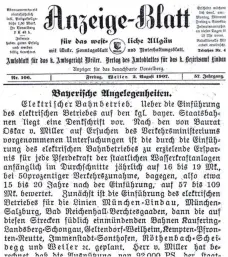  ?? FOTO: AKTIONSGEM­EINSCHAFT ?? Bereits 1907 wurde über den „Elektrisch­en Bahnbetrie­b“im Anzeige-Blatt berichtet.