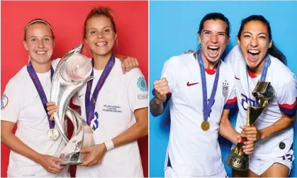  ?? Composite: Catherine Ivill/Uefa via Getty; Naomi Baker/Fifa via Getty ?? Beth Mead and Rachel Daly celebrate England’s Euro 2022 triumph; USA’s Tobin Heath and Christen Press with the World Cup in 2019.