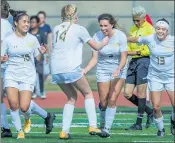  ?? TERRY PIERSON — STAFF PHOTOGRAPH­ER ?? Temecula Valley’s Morgan Witz, center, celebrates her corner kick goal against Santiago with teammates during the Golden Bears’ victory on Thursday.
