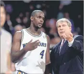  ?? ANDREW D. BERNSTEIN — NBAE VIA GETTY IMAGES ?? The Warriors’ Chris Webber talks with coach Don Nelson during a timeout in a 1994 game against the Atlanta Hawks.