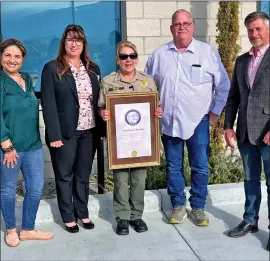  ?? Photo courtesy of Inyo County ?? Sheriff Stephanie Rennie, middle, was honored by state Sen. Marie Alvarado-Gil, left, with a certificat­e for being a “California Woman Making HERstory” in 2024. The sheriff is flanked by Inyo County First District Supervisor Trina Orrill, left, and Third District Supervisor Scott Mercellin and Second District Supervisor Jeff Griffiths.