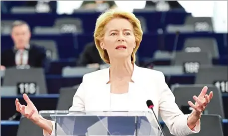  ?? FREDERICK FLORIN/AFP ?? Former German Defence Minister and newly appointed EU commission Ursula von der Leyen delivers a speech during her statement for her candidacy for President of the Commission at the European Parliament on Tuesday in Strasbourg, France.