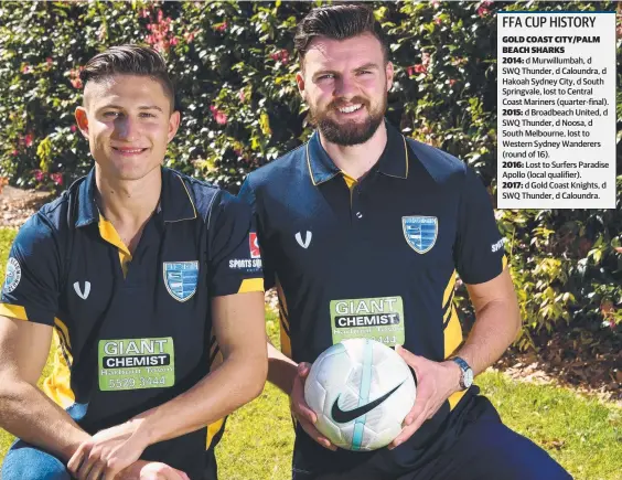  ?? Picture: STEVE HOLLAND ?? Gold Coast City duo Nik Mirkovic (left) and Eoghan Murphy are preparing for FFA Cup tomorrow night.