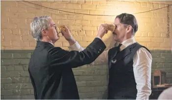  ??  ?? Kyle MacLachlan as Thomas Edison, left, and Ethan Hawke as Nikola Tesla.