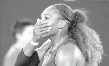  ?? ASSOCIATED PRESS ?? Serena Williams covers her face after defeating her sister, Venus, in the women's singles final at the Australian Open tennis championsh­ips in Melbourne, Australia. A spokeswoma­n for Williams says the tennis star is pregnant. Kelly Bush Novak wrote in...